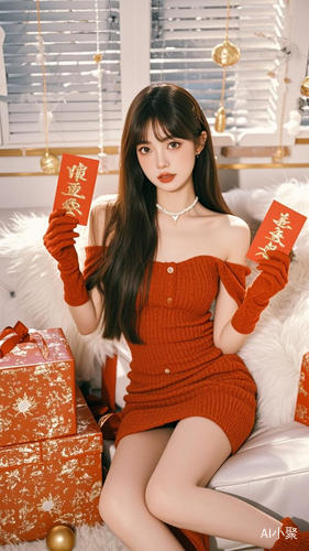 This is a high-quality, digitally enhanced photograph featuring a young woman with a slender build and fair skin, sitting on a plush, white couch. She has long, straight brown hair with bangs and is dressed in a vibrant red, off-the-shoulder mini dress made of a ribbed, textured material that adds a tactile feel to the image. Her hands are adorned with long, red gloves that match her dress, and she is holding two red envelopes with golden Chinese characters, which suggests a festive or celebratory context, 