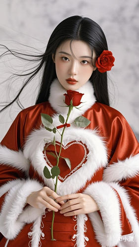 This is a high-resolution, photorealistic image of a young woman with an East Asian appearance, dressed in traditional attire. She has long, straight black hair adorned with a delicate, red rose hairpiece and a few loose strands framing her face. Her skin has a smooth, porcelain-like complexion. Her eyes are a deep brown, accentuated with subtle, natural makeup.She wears a stunning, red silk gown with intricate white embroidery, featuring a high neckline and a subtle sweetheart design. The gown is adorned w