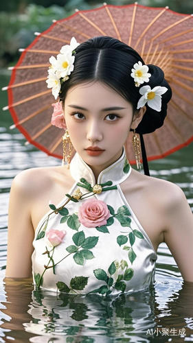 This is a high-resolution photograph featuring a young Asian woman with a slender yet curvaceous figure, posing in a serene, outdoor setting. She is partially submerged in a body of water, likely a lake or a calm sea. The woman has long, dark hair styled in an elegant updo adorned with delicate, white flowers and golden accents, which adds a touch of traditional elegance to her look.Her skin is a smooth, pale complexion, and her facial features are finely detailed, with high cheekbones, a small nose, and fu