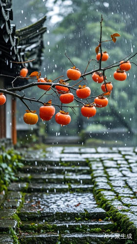 老院子里的阴雨与熟透的柿子