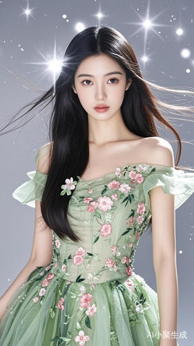 The image is a high-resolution photograph featuring a young Asian woman with a slender, delicate build. She has long, straight black hair that flows down her back, with a few strands framing her face. Her skin is a smooth, pale complexion. Her eyes are a deep brown, and she has a subtle, natural makeup look. She is wearing an elegant, off-the-shoulder dress with a white and green gradient effect. The dress features intricate embroidery with pink and green flowers, and green leaves, adding a touch of whimsy 