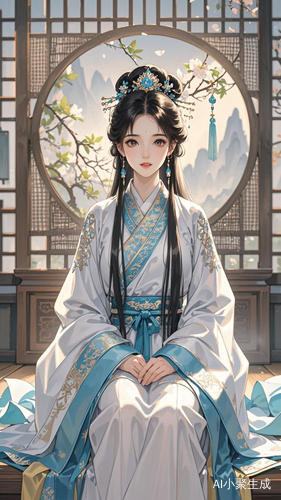 中年女人，乌黑大眼睛，黑色长发马尾，精美发簪，古代女子发饰，穿着浅白蓝色华丽的汉服，坐着，平静的表情，古代房间室内，16K，中国古风风格，面部超高清，