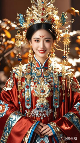 8k, RAW Photo, Best Quality，Beautiful Costume, antique bride with Chinese red Dress, Complex Costume, Traditional Beauty, Gorgeous Chinese Model, Chinese Costume，Wearing Phoenix Crown, Smile，Chinese ancient elements