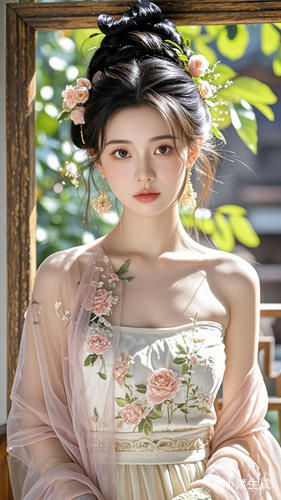 This is a high-resolution photograph of a young woman with an ethereal, traditional Chinese aesthetic. She has a fair, smooth complexion and long, dark hair styled in an elegant updo adorned with delicate, floral hairpins. Her eyes are a soft, brown shade, and her lips are painted a subtle, rosy color. She wears a stunning, intricately designed traditional Chinese outfit featuring a strapless, white top with golden embroidery that depicts floral patterns and subtle, ornate details. The outfit is complemente