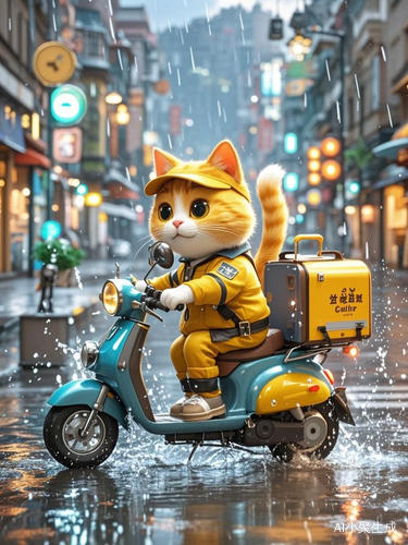 雨天骑电动车送外卖的黄色衣服猫咪