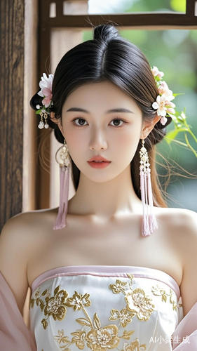 This is a high-resolution photograph of a young woman with an ethereal, traditional Chinese aesthetic. She has a fair, smooth complexion and long, dark hair styled in an elegant updo adorned with delicate, floral hairpins. Her eyes are a soft, brown shade, and her lips are painted a subtle, rosy color. She wears a stunning, intricately designed traditional Chinese outfit featuring a strapless, white top with golden embroidery that depicts floral patterns and subtle, ornate details. The outfit is complemente