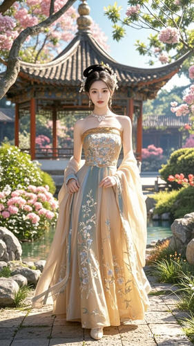 温婉儒雅中国古装汉服女子,面容精致,冰肌玉骨。栗棕色长发,细腻柔顺,大波浪。身着华丽抹胸裙。中式园林优雅的站着,明亮,超清晰。高清,高级,高贵,典雅,真人拍摄,写实风格,大师级作品,电影之感,饱和度高,高清质感图片,4K高清像素,完美构图