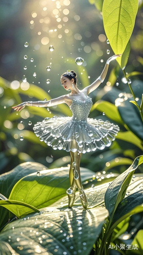 翠绿叶子上的水滴芭蕾舞者与奇幻自然背景