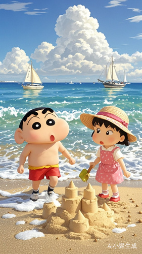 蜡笔小新与小丸子的海边治愈壁纸