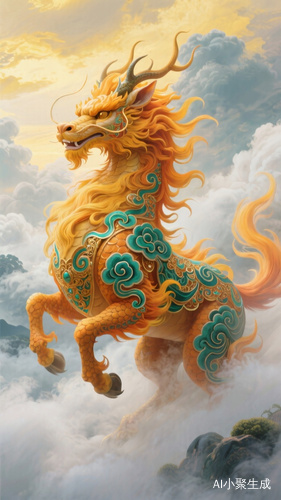 中国传统神话瑞兽麒麟，毛发呈飘逸的橙黄色，带有流动感，身体上装饰华丽，有青绿色云纹图案缠绕，营造神秘华丽氛围。背景是云雾缭绕的天空，色调偏暖黄与灰蓝交织，营造奇幻氛围。整体画风为东方幻想风格，具有高饱和度色彩与精致细节