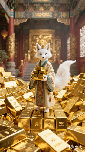 装满金条金砖的皇宫中，一只拟人化白狐穿着古风的衣服，它的手里捧着一堆金条，站在金砖上面，周围的金砖堆积如山，金砖上面刻画着很多英文字母，金灿灿的画面