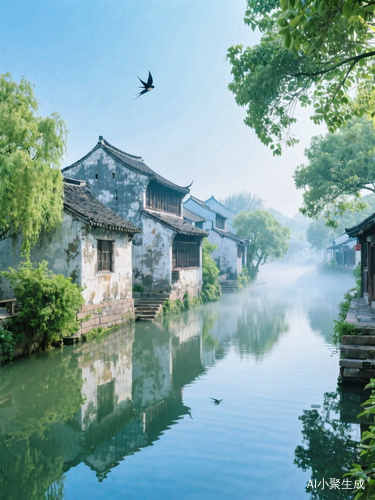 江南小镇青砖灰瓦环绕河畔翠树