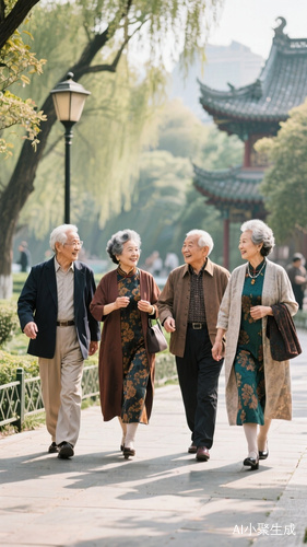 中国公园，几个很有素质身穿时尚服饰的老年人，在散步，开心聊天。