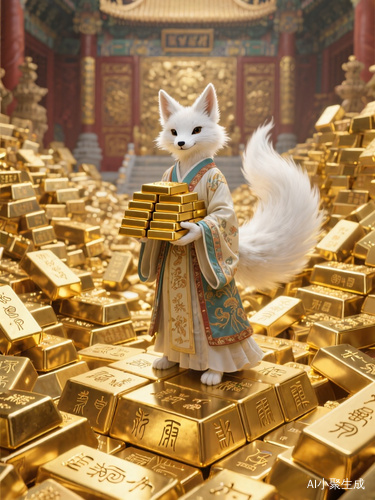 装满金条金砖的皇宫中,一只拟人化白狐穿着古风的衣服,它的手里捧着一堆金条,站在金砖上面,周围的金砖堆积如山,金砖上面刻画着很多甲骨文,金灿灿的画面!让人憧憬未来!