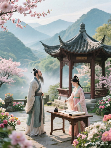 世外桃源般的仙境，古装诗人手捋胡须望着远处的山峦若有所思，院子里八角亭下霞衣美女正站在书案旁为诗人研磨，亭子周围鲜花盛开