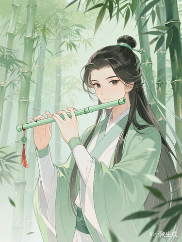 古风漫画版，长头发，吹笛子，背景是竹林，绿色调