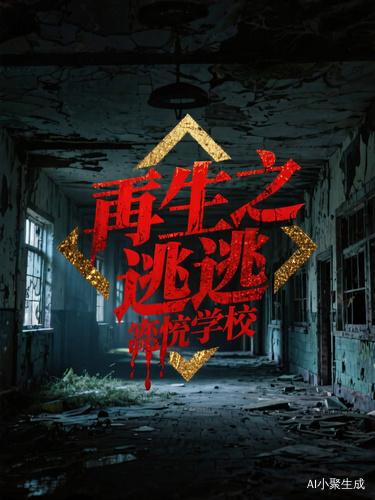 主标题:重生之逃离恐怖学校,用血红色的颜色写,现代字体外围在用金色磨砂勾线。背景一所黑暗的废弃学校