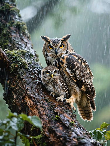 母爱,一只猫头鹰在雨中保护着小猫头鹰站在大树上