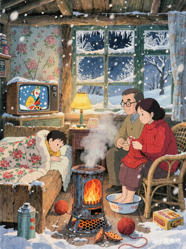 80年代怀旧雪夜温馨木屋场景细腻呈现吉卜力动画风格