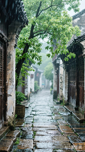 下雨天青石板小路江南小巷街道,绿色的树枝