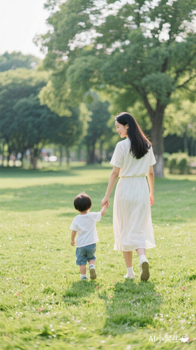 公园里,一片绿油油的草地,一位中国美女拉着小孩子的手