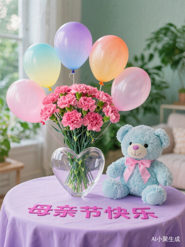 一大束鲜艳的粉红色康乃馨花插在一个透明的心形玻璃花瓶里,放在一个浅紫色桌布覆盖的表面上,旁边有一只浅蓝色大毛绒公仔脖子戴粉色蝴蝶结,紫色布贴有深粉色字“母亲节快乐”六个渐变色气球六个渐变色气球背景是绿色植物。温馨家园。近景