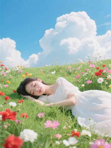 天空蓝天白云,美女,睡在草地上,鲜花,小草