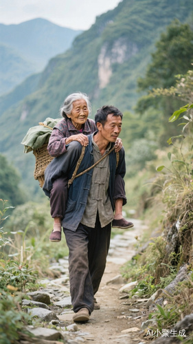 山间小路,一位中国的中年男子背上驮着年迈母亲缓缓向前走。