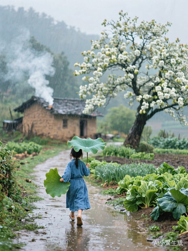 乡村风景，乡村小路下雨天，穿着蓝色布衣小女孩，用荷叶两头往前走，前面是小土房，炊烟袅袅，旁边都是种的蔬菜，还有一棵大大的梨花树