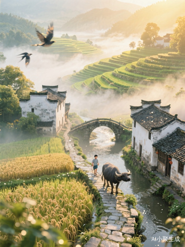 晨曦牧歌"超高清8K画质,电影级光影,晨雾柔焦效果,金色阳光穿透薄雾洒在青瓦白墙的徽派村落,蜿蜒石板路两侧是挂着露珠的稻田,牧童牵水牛走过石拱桥,背景层叠梯田泛起翡翠波纹,无人机俯拍视角,富士胶片Velvia 50色彩风格,添加飞鸟动态模糊效果,空镜保留自然风声与溪流音效"