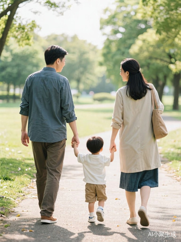 一对中国夫妇一边牵着一个孩子,在公园散步的背影