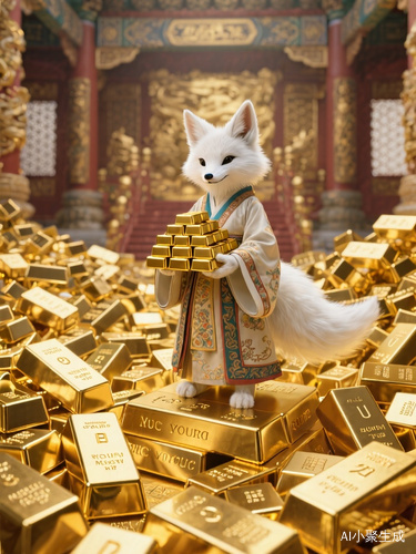 装满金条金砖的皇宫中,一只拟人化白狐穿着古风的衣服,它的手里捧着一堆金条,站在金砖上面,周围的金砖堆积如山,金砖上面刻画着很多英文字母,金灿灿的画面