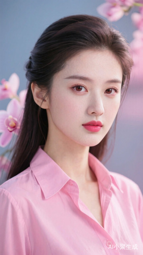 粉红色衬衫。沉鱼落雁，闭月羞花，艳而不妖，倾国倾城，高标致，高贵优雅，豪华，一双美丽的大眼睛双眼皮，眼之毛翘翘着鼻梁直而高，樱桃小嘴不点自朱，兰高粒子光，超高清，美颜美白，电影效果