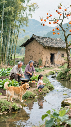 中国传统田园风格,爷爷在种菜,奶奶在炒菜,小女孩在河边钓鱼,大黄狗围在身边,旁边旁边有一条小溪,一座泥土瓦房,一片竹林,一棵柿子树