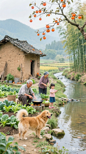 中国传统田园风格，爷爷在种菜，奶奶在炒菜，小女孩在河边钓鱼，大黄狗围在身边，旁边旁边有一条小溪，一座泥土瓦房，一片竹林，一棵柿子树