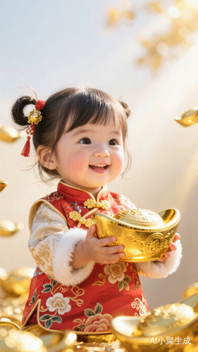 一个萌萌的可爱的穿着中国风的小女孩小女孩，手里拿着金灿灿的黄金，背景带阳光，吸金暴富
