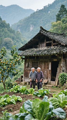 中国传统深山木质建筑，有二位老人相衣为命居住在山里，种菜，果园