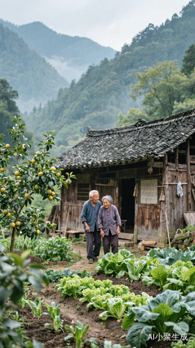 中国传统深山木质建筑，有二位老人相衣为命居住在山里，种菜，果园