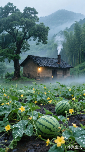 雨后的傍晚,青山绿竹,一层薄雾笼罩着一坐黑瓦土屋,棵大树下,一片长满带有瓜秧,开着小黄花的西瓜地,瓜秧上带着露珠,小屋亮着灯,烟囱冒着烟