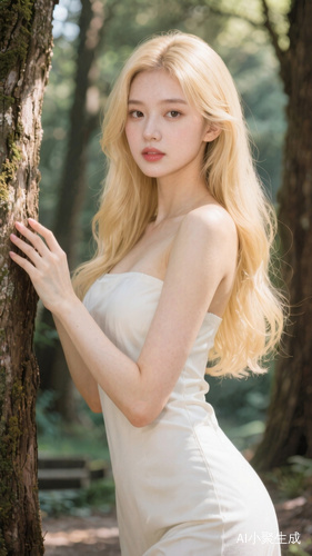 一个美丽的金发女子，精致的五官，手指纤细，身材完美，背景古代树林