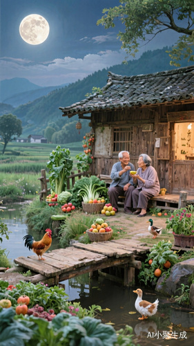 中国田园风格，一个小木桥上去，住着木头建筑的房子，场景，蔬菜，果子，老爷爷和老奶奶坐着尝月，旁边有鸡，鸭，小狗，有明亮的月亮