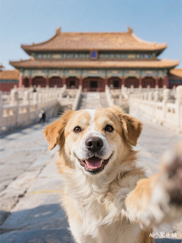 请帮我画一张。极其平凡无奇的自然拍。没有明确的主题或者构图改，就像是随手一拍的快照，照片带有一点运动模糊阳光或者店内灯光不均，导致微轻微曝光。角度尴尬，构图混乱，整体呈现出一种刻意的平淡。就像从口袋里拿手机时不小心拍到的一张自拍，主角是一只狗。正午背景是故宫。这只狗可以表现开心些。