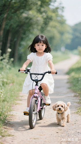 小女孩、穿着白色裙子,黑色头发,黑色瞳孔,骑着自行车,小路上。边上有一只小狗