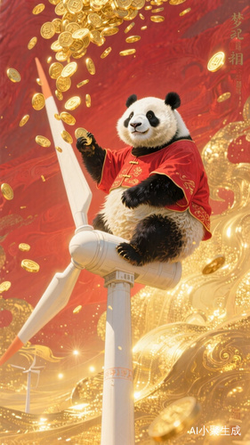梦幻熊猫站在风力发电杆上的华丽艺术效果