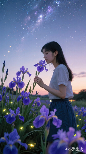 暮色中的女孩与花香萤火虫星空交错