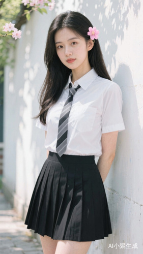 女子展现出清新甜美的学生风穿搭。她留着乌黑的长发,一侧别着精致的花朵发夹,妆容淡雅。上身穿着白色短袖衬衫,领口敞开,搭配一条黑灰条纹的领带,下身是黑色百褶短裙,整体造型简约又青春洋溢。背景是白色墙面,阳光透过树叶留下斑驳光影,衬托出她清纯可人的气质,这种穿搭在校园和日常休闲场景中都很常见,尽显少女的活力与朝气。