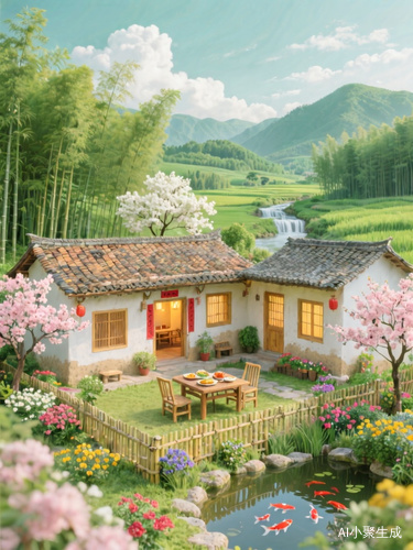 中式土木小屋庭院,一间正房左右两边各一间厢房,白色墙体,陶土屋顶,搭配木质门窗。屋外挂有红色装饰,屋内透出暖光。庭院有竹制围栏,摆放木桌木椅,桌上有食物,周边种满多彩花卉,有粉色和白色开花树木、绿植,设有小池塘,养有锦鲤。远处是竹林、田野、河流小瀑布、山峦,天空有白云。治愈系,乡村,户外,温馨,自然 整体色彩清新自然,以绿色为主调,大片的竹林、田野和远处山峦的绿色,营造出浓郁的生机与活力,传递出乡村田园的自然气息。土坯小屋的暖黄色与灰色瓦片,带来质朴的感觉。庭院中粉色和白色的开花树木、多彩的花卉,以及池塘里红色的锦鲤,成为画面的点缀,丰富视觉层次。天空中白色的云朵与绿色背景相互映衬,使整个画面色彩丰富且和谐,充满童话般的梦幻感 。广视角全景拍摄