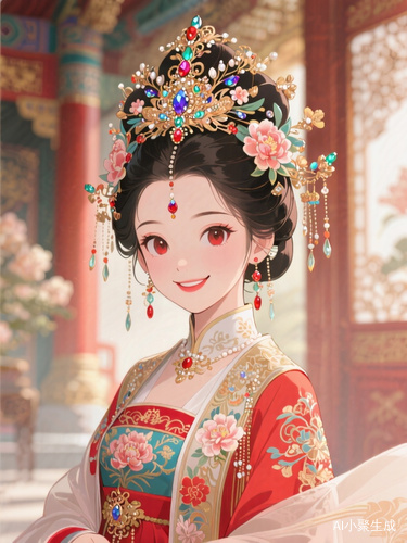 Beautiful young Chinese empress, ancient palace background, traditional Chinese royal costume, intricate flower and gemstone headdress, delicate facial features, big expressive eyes, red lips, elegant hairstyle, detailed embroidery, soft lighting, vibrant colors, high detail, anime style, smiling, fantasy atmosphere