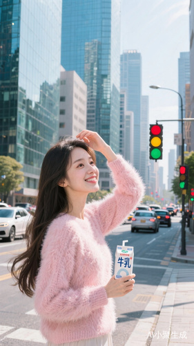 一位女性置身城市街道,背景是高楼建筑、行驶的车辆与交通信号灯,阳光明亮,呈现出日常都市氛围。她穿着粉色毛绒毛衣,长发垂落,左手抬起轻放头顶,姿态随性。手中拿着印有 “牛乳” 字样的饮品包装,整体造型甜美可爱,传递出轻松惬意的生活气息。
