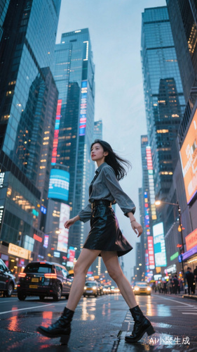 一位年青的中国女孩在大都市的街上行走